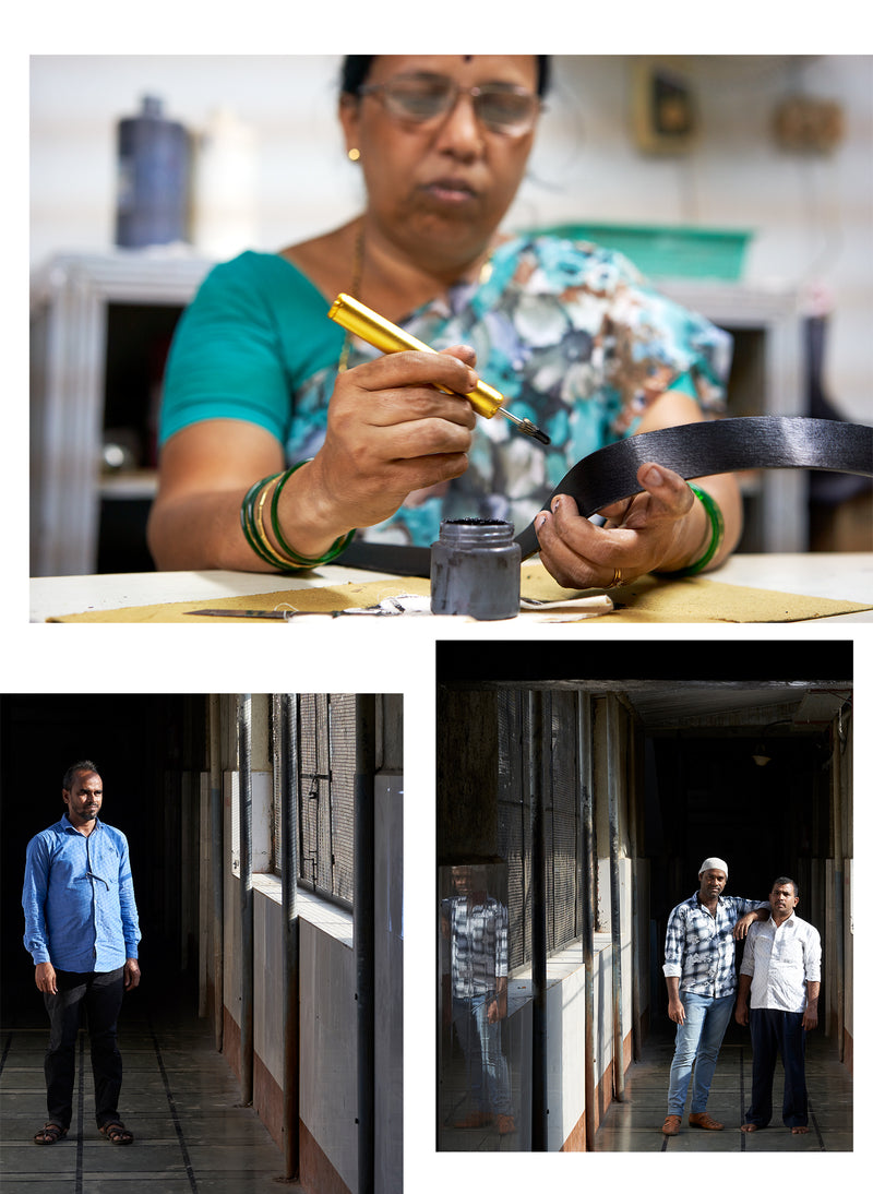 A collage of three images: a woman crafting, a man standing alone, and two men by a doorway.