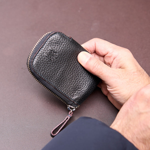 Hand holding a black leather wallet against a brown background