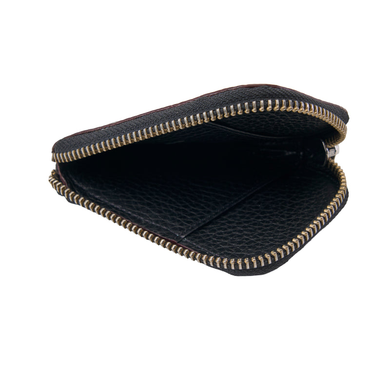 Black wallet with gold zipper on a white background