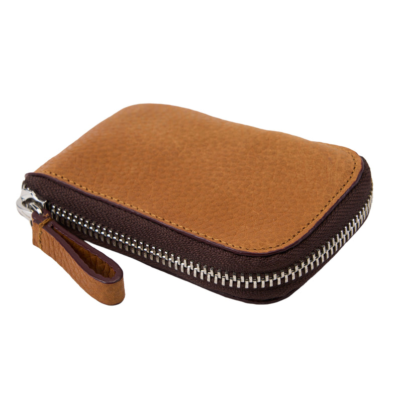 Brown zippered wallet on a white background