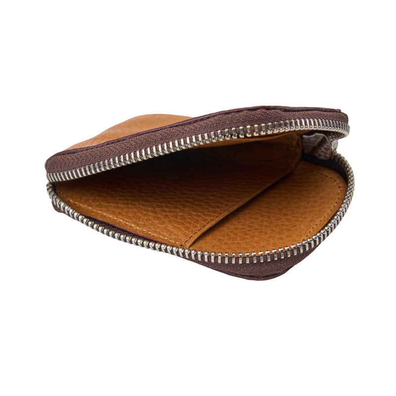Brown leather wallet with zipper on a white background