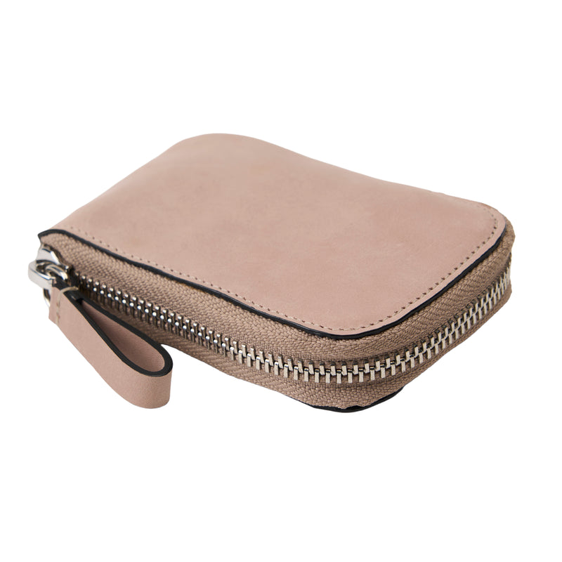 Beige zippered pouch on a white background