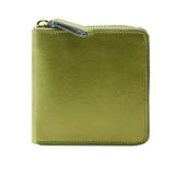 1 of 39:An olive green leather zip-around wallet with a matching leather zipper pull tab and gold-tone metal hardware, shown on a plain white background.