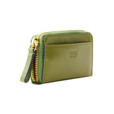 28 of 34:An olive green leather card holder wallet with a leather pull and gold-tone zipper, featuring the embossed brand name 'TUSK' on the front, set against a plain white background.