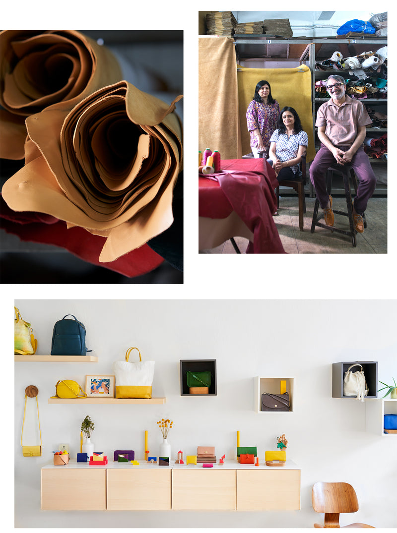 A collage of three images: Rolled tan leather, a couple with a woman standing behind, colorful bags displayed on shelves.
