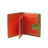 32 of 44:An open bi-fold wallet made of textured leather, featuring a vibrant orange-red interior and olive green edges, a strap closure, and an embossed logo on the left panel.