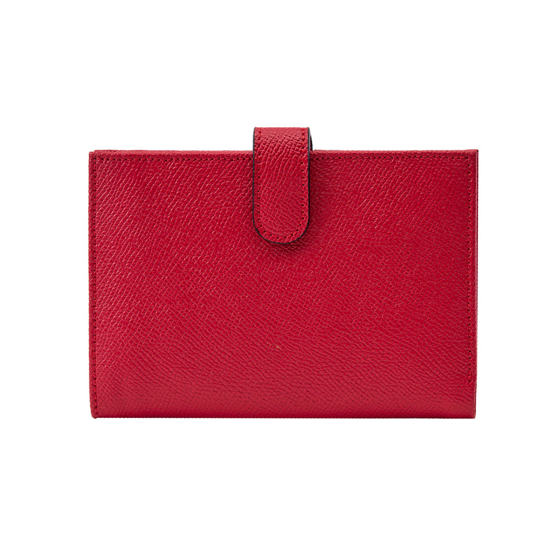 Red leather wallet with a strap on a white background