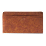 36 of 55:A brown textured leather zip-around wallet with a debossed TUSK logo on the front, shown against a plain white background.