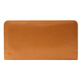 47 of 55:A tan leather zip-around wallet with rounded corners and visible top stitching, shown flat against a solid white background.