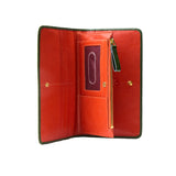 16 of 55:An open red leather wallet or clutch with green trim, gold-tone hardware, and multiple interior card slots, shown on a plain white background.