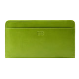 1 of 55:A bright lime green textured leather Tusk wallet with a debossed logo on the front, shown against a plain white background.