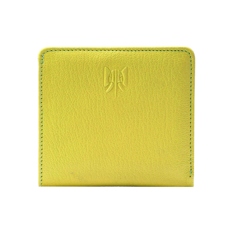 Yellow wallet with a brand logo on a white background