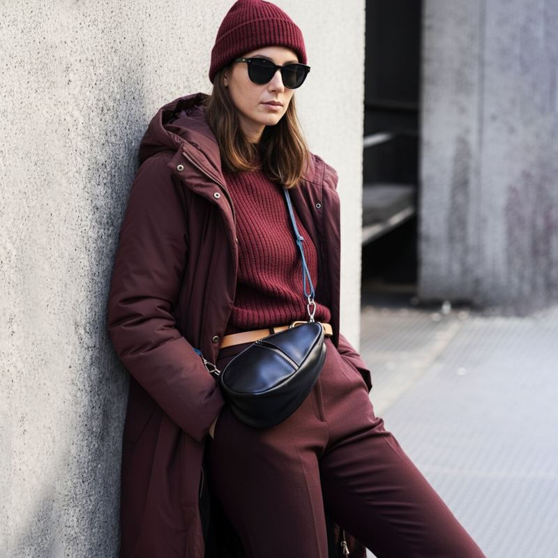 Woman in maroon outfit with coat, sweater, pants, and hat leaning against a wall.