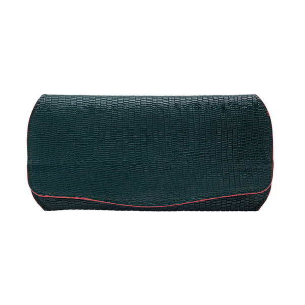 A green leather eyeglass case with a magnetic snap closure.