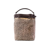 5 of 7:Bucket bag with leopard print pattern and brown handle on a white background