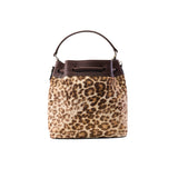 6 of 29:Leopard print handbag with brown leather accents on a white background
