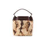 25 of 29:Camouflage-patterned handbag with brown leather accents on a white background