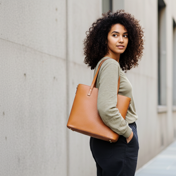 Woman holding a brown leather tote bag against a light gray wall.