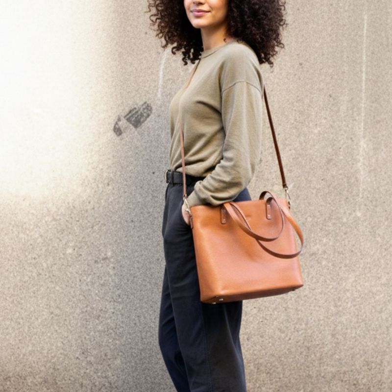 Woman holding a brown leather handbag against a plain background