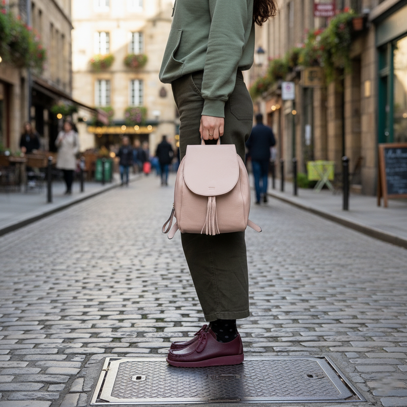 Person holding a beige backpack on a city street