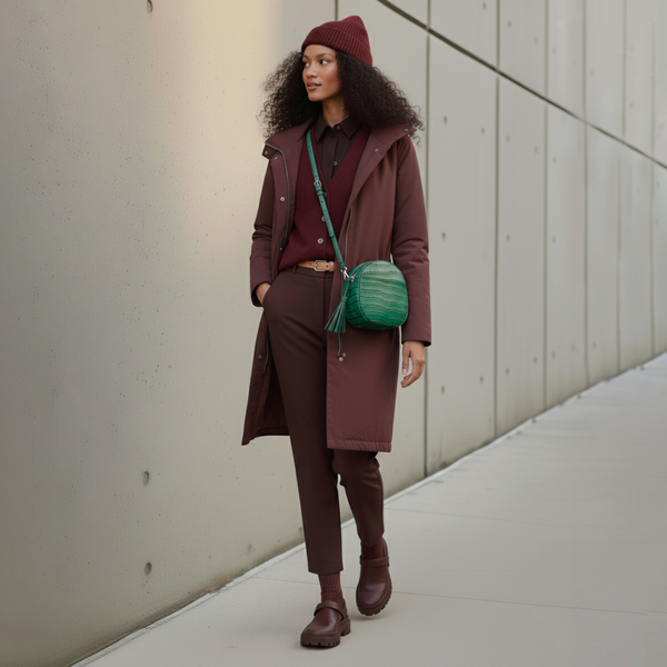 Woman in a maroon outfit with a green bag standing against a neutral wall.