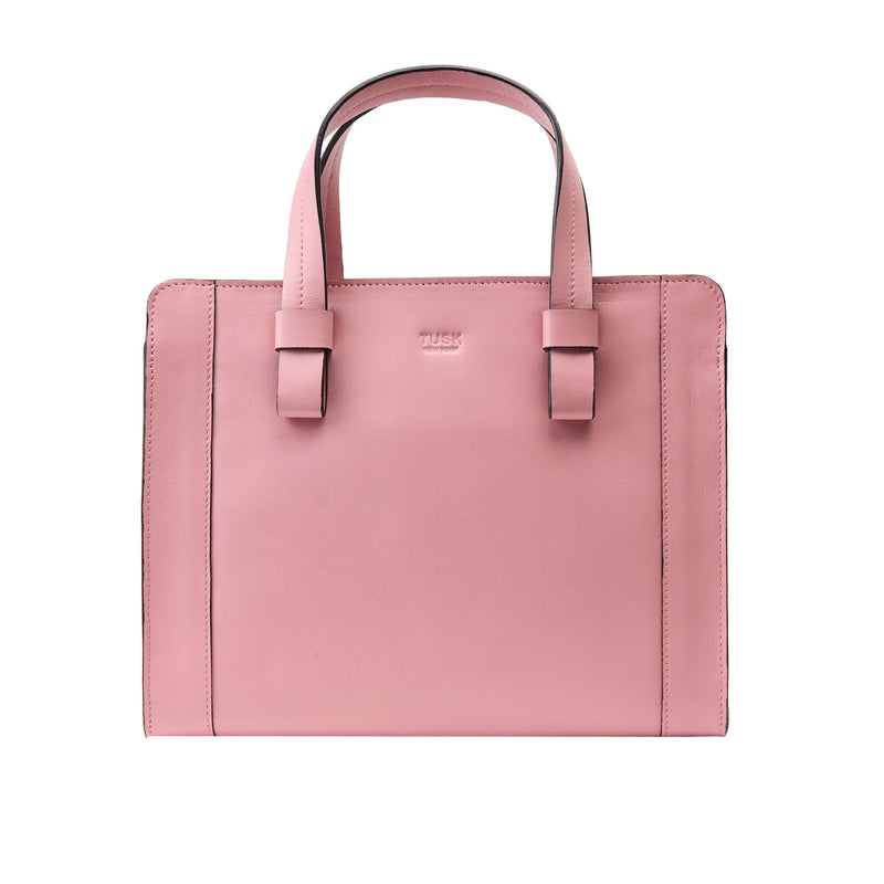 Pink handbag with a visible brand logo on a white background