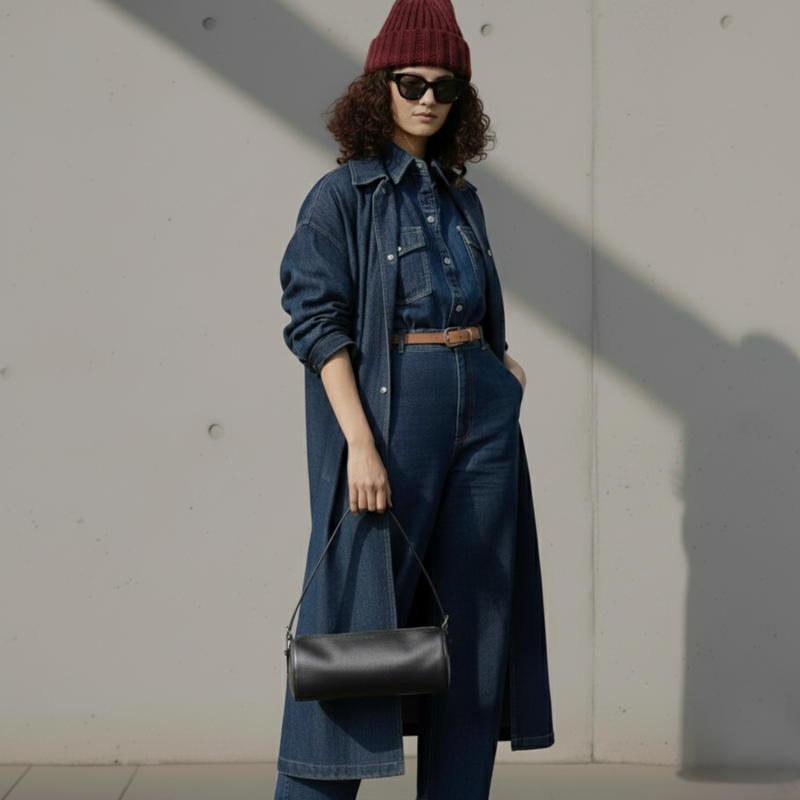 Person wearing a denim outfit with a long coat, holding a black bag against a plain background