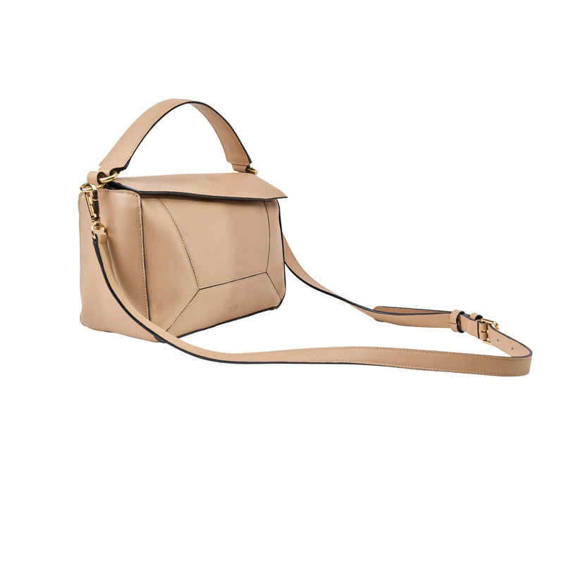 Beige handbag with a shoulder strap on a white background