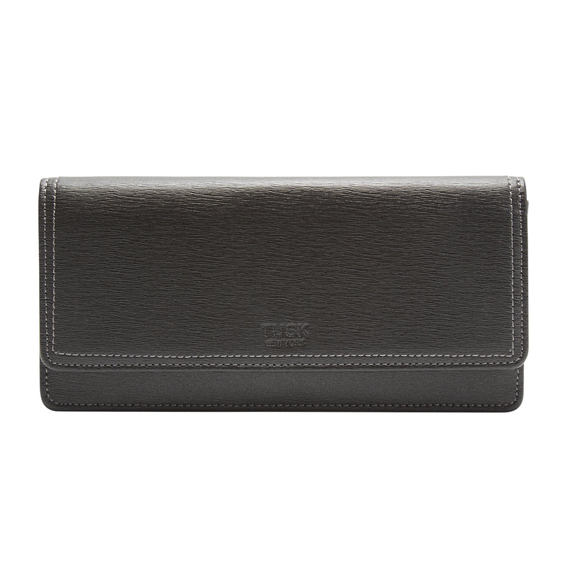 Grey wallet with a brand logo on a white background