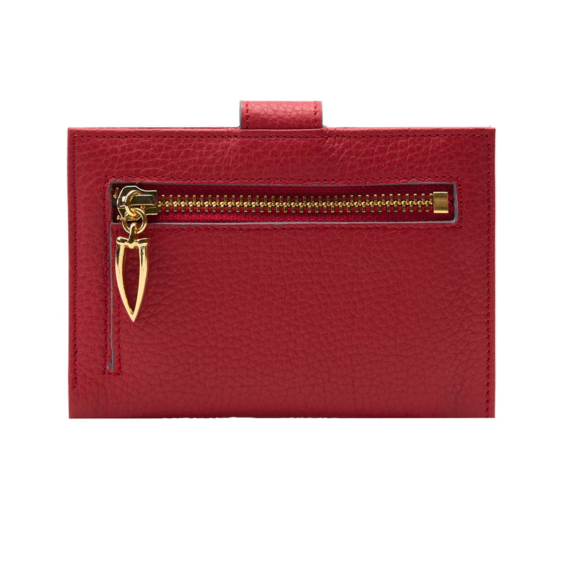 Red leather wallet with gold zipper on a white background