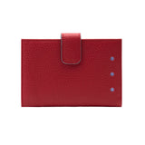 1 of 3:Red leather cardholder with a strap on a white background