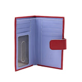 2 of 3:Open wallet with red exterior and light blue interior on a white background