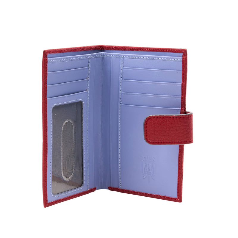 Open wallet with red exterior and light blue interior on a white background