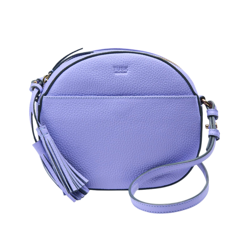 tusk-9900-round-pebble-grain-leather-cross-body-bag-lavender-front - LAVENDER